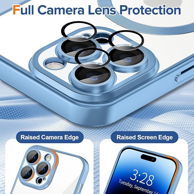 Hython Magnetic Clear for iPhone 14 Pro Max Case with Camera Lens Protector [Compatible with MagSafe] Plating Edge Slim Soft TPU Cover Protective Phone Case for 14 Pro Max 6.7", Matte Light Blue