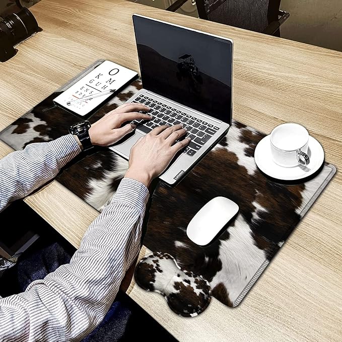 Large Gaming Mouse Pad, 31.5x11.8 in Extended Computer Mouse Mat with Non-Slip PU Base, Ergonomic Memory Foam Keyboard Wrist Rest, for Work & Gaming, Brown and White Cow Hair Office Desk Pad
