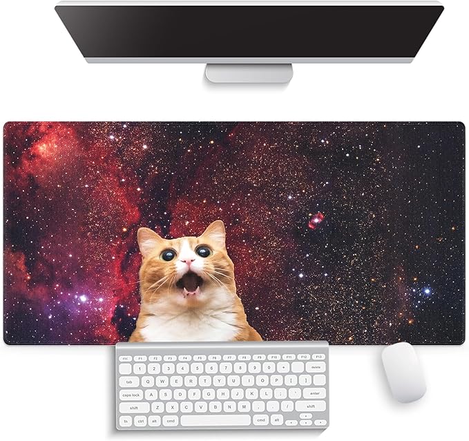 Large Gaming Mouse Pad (31.5" x 15.8") - Cute Space Cat Lovely Galaxy Kitten Screaming in Space, Extra XXL Extended Office Accessories, Premium Stitched Anti-Slip Desk Mat