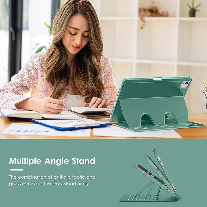 VIKESI Case for iPad Pro 11 inch (M5/M4) 2025/2024,Multiple Angles Magnetic Stand Cover,Shockproof Back,Pencil Holder,and Auto Sleep/Wake,Forest Green
