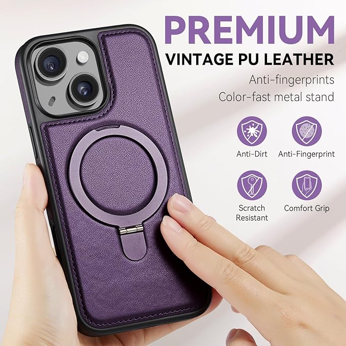 for iPhone 15 Plus Case with Stand, Compatible with MagSafe, Slim PU Leather & Durable TPU Protective Magnetic Kickstand Cover Drop-Proof with Tempered Glass Screen Protector 6.7", Purple