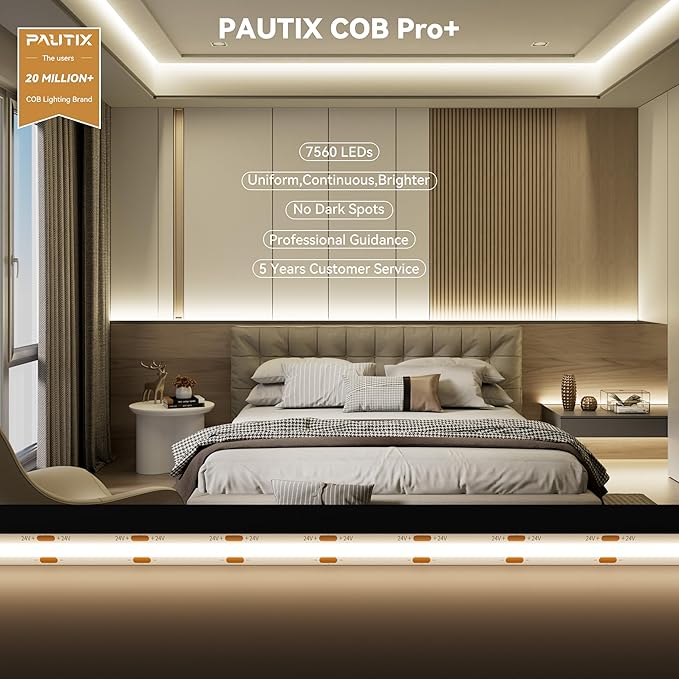PAUTIX COB LED Strip Lights 48ft/15m Super Bright,504 LEDs/m Natural White 4000K CRI90+ Flexible LED Tape 24V for Cabinet Home DIY Lighting Projects with 2pcs COB Connector(Power Supply Not Included)