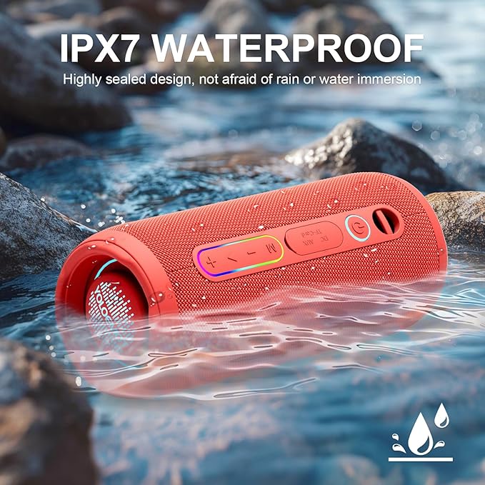 Bluetooth Speaker IPX7 Waterproof Sandproof, 24W Loud Stereo Sound, Bluetooth 5.3, Enhanced Bass, TWS Pairing, 12H Playtime for Home/Outdoor, for Mom (Red)