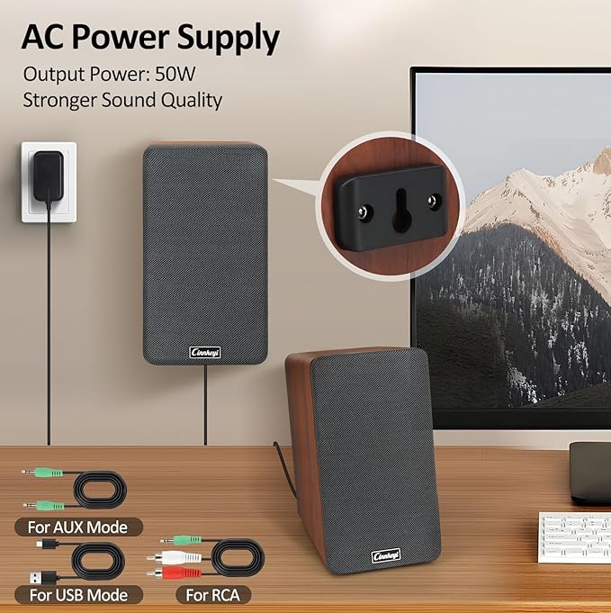 50W Wooden Bookshelf Speakers, Passive 2.0 Computer Speakers | Bluetooth, RCA, AUX (3.5mm), USB Inputs | Strong Bass PC Speakers for TV, Laptop, Turntable