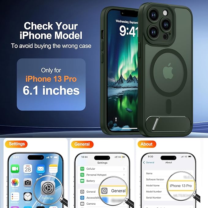 Magnetic Compatible with iPhone 13 Pro Case, [Built-in Kickstand][Full Camera Protection][Compatible with MagSafe][Anti-Fingerprint] Shockproof Phone Case for iPhone 13 Pro 6.1",Green