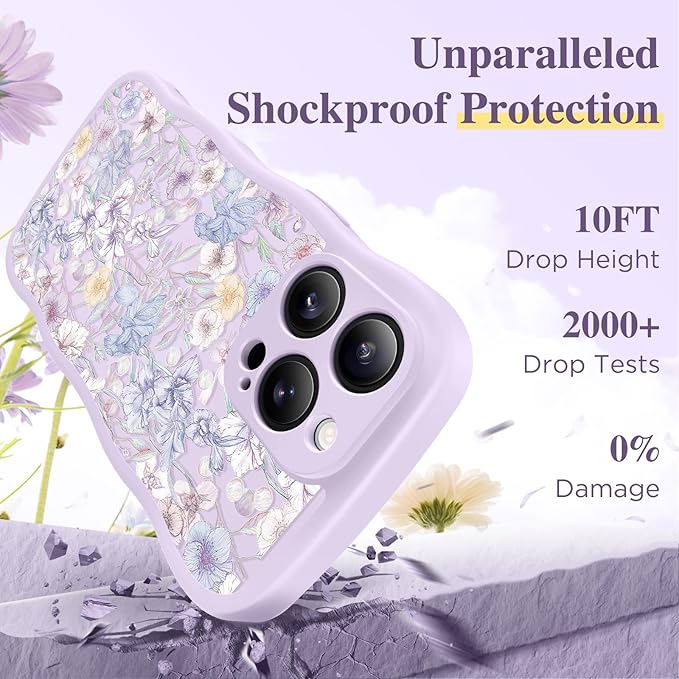 GVIEWIN for iPhone 16 Pro Max Case Compatible with MagSafe [Curly Wave Edge][Full Camera Protection] Floral Translucent Shockproof Magnetic Women Phone Case for 16 Pro Max, Apricot Blossom/Purple