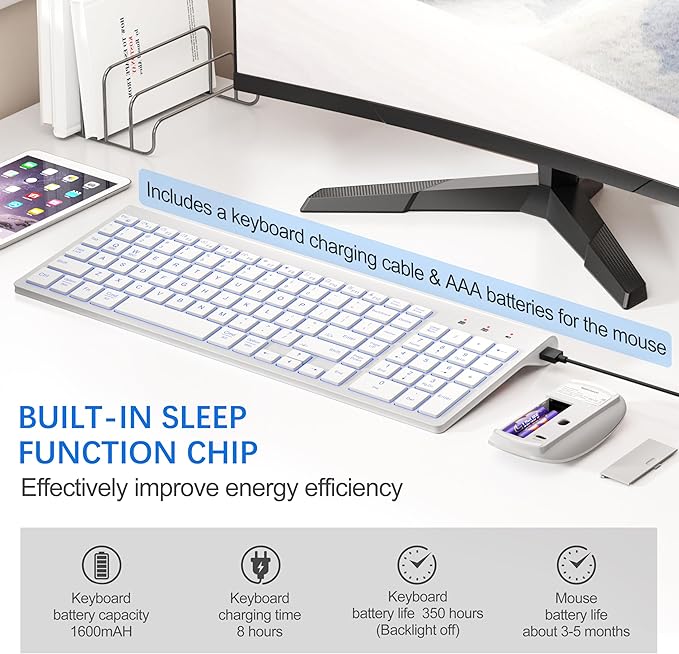 TopMate Wireless Keyboard and Mouse Ultra Slim Combo, 2.4G Silent Compact USB 2400DPI Mouse and Scissor Switch Backlit Keyboard Set, for PC/Laptop/Windows/Mac/Gaming - Matte White
