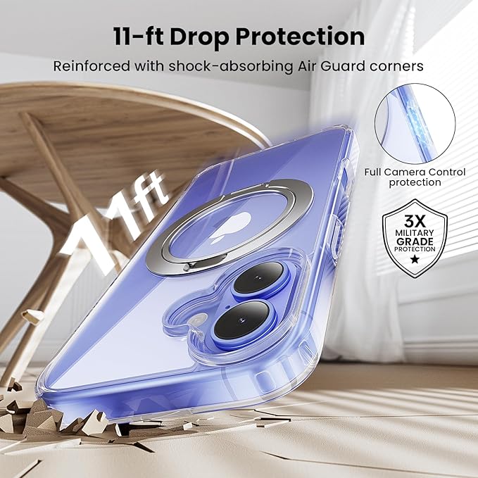 360° Ring Stand for iPhone 16 Case, Compatible with MagSafe, Military-Grade Protective, Anti-Yellowing, Scratch-Resistant Back Cover Phone Case for iPhone 16 6.1'', Clear