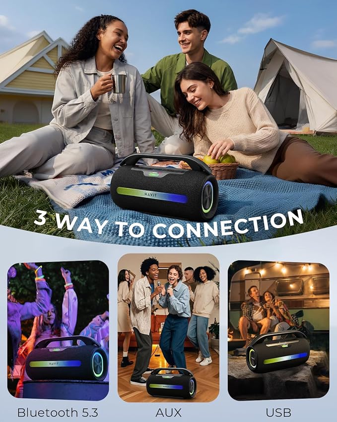 havit 120W Loud Bluetooth Speaker with Deep Bass, IPX6 Waterproof Outdoor Party Speaker, RGB Lights, 12H Playtime, TWS Pairing, Portable Speaker for Beach, Camping, Backyard