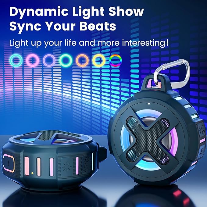 XLEADER X8, Upgraded, Portable Bluetooth Speaker, Certified IP67 Waterproof Shower Speaker, Silicone Case, 10W Bass, 24Hrs Playtime, Small, Floating, RGB Lights, Clip, for Pool Beach Kayak, Sea Blue