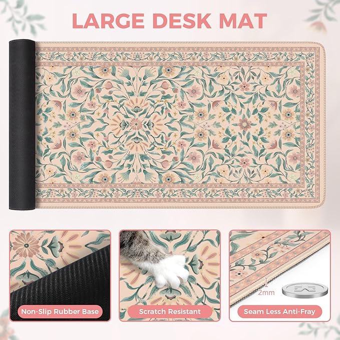 iLeadon Desk Mat for Keyboard and Mouse, Cute Mouse Pads for Computer, Non-Slip Floral Gaming Mousepad 35.4x15.7 Inch, Pink Desk Mat with Stitched Edges for Home Office (Pink)