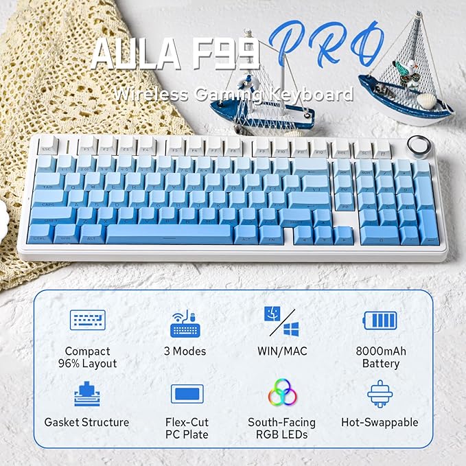 MechLands Aula F99 PRO 96% Mechanical Gaming Keyboard, BT5.0/USB-C/2.4GHz Wireless, Hot Swappable Gasket Custom Keyboard with 8000mAH Battery, Rotary Knob, RGB Backlit for Win/Mac (Blue)