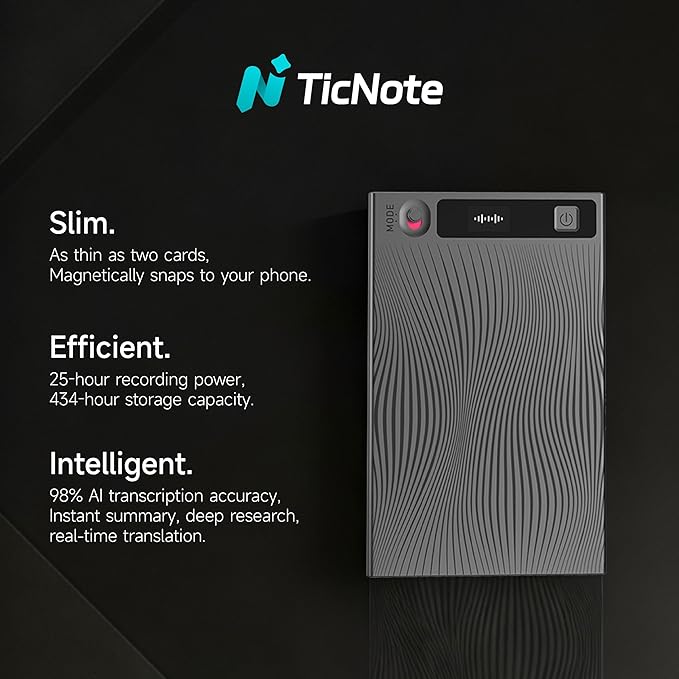Mobvoi TicNote AI Voice Recorder w/AI Transcription & Summary, APP Control AI Note Taking Device Supports 120+ Languages for Lectures, Meetings &Calls, Dual-Mode Recording, 64GB, 2026 New Version