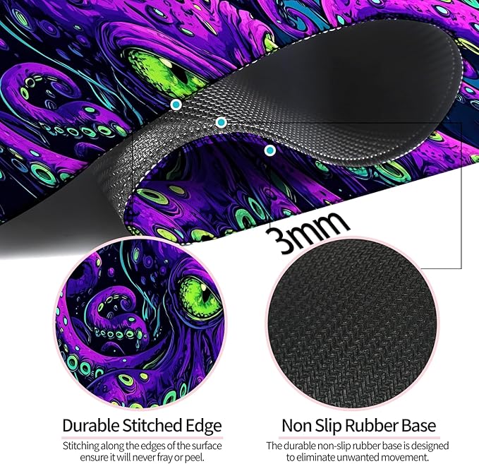 Octopus Monster Gaming Desk Mat, Computer Keyboard Large Extended Cool Neon Animal Mouse Pad for Office and Home, 31.5×11.8 Inches, XL