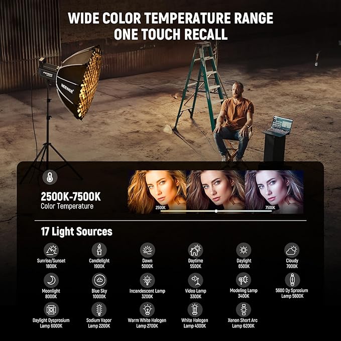 NEEWER 130W RGB LED Video Light APP/2.4G Control 17 Effects, 2500-7500K 19800lux/1m COB Continuous Lighting Output with CRI97/TLCI98 4 Dimming Curves, Bowens Mount Spotlight for Studio Shoots, FS150C