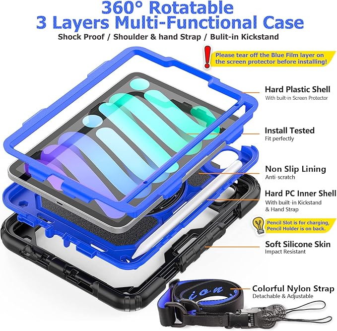 SEYMAC stock Case for iPad mini 7 (A17 Pro) 2024/ Mini 6 8.3'' with Screen Protector Pencil Holder [360 Rotating Hand Strap] &Stand, Drop-Proof Case for iPad mini 7th/6th Generation 8.3", Blue+Black
