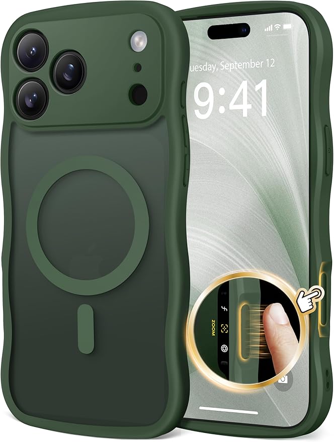 CAPRARO Magnetic for iPhone 17 Pro Max Case for Women Girls, Upgraded [Full Camera Protection] [Compatible with MagSafe] Cute Wave Translucent Matte Phone Case for iPhone 17 Pro Max, Deep Green