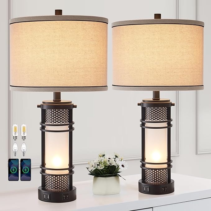 AIEAMPDO Set of 2 Modern Table Lamps for Living Room, Contemporary Nightstand Lamp with Dual USB Port, Bedside Lamps with White Frosted Glass Night Light for Bedroom, 4 Bulbs Included (Black)