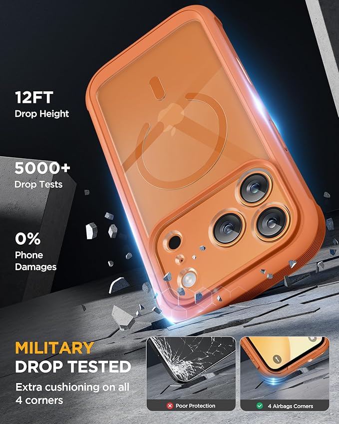 Miracase for iPhone 17 Pro Max Case 6.9" Full-Body Phone Case with Built-in Glass Screen Protector& Full Camera Protector,[Magnetic with MagSafe] Drop Proof 17 ProMax Cover, Orange