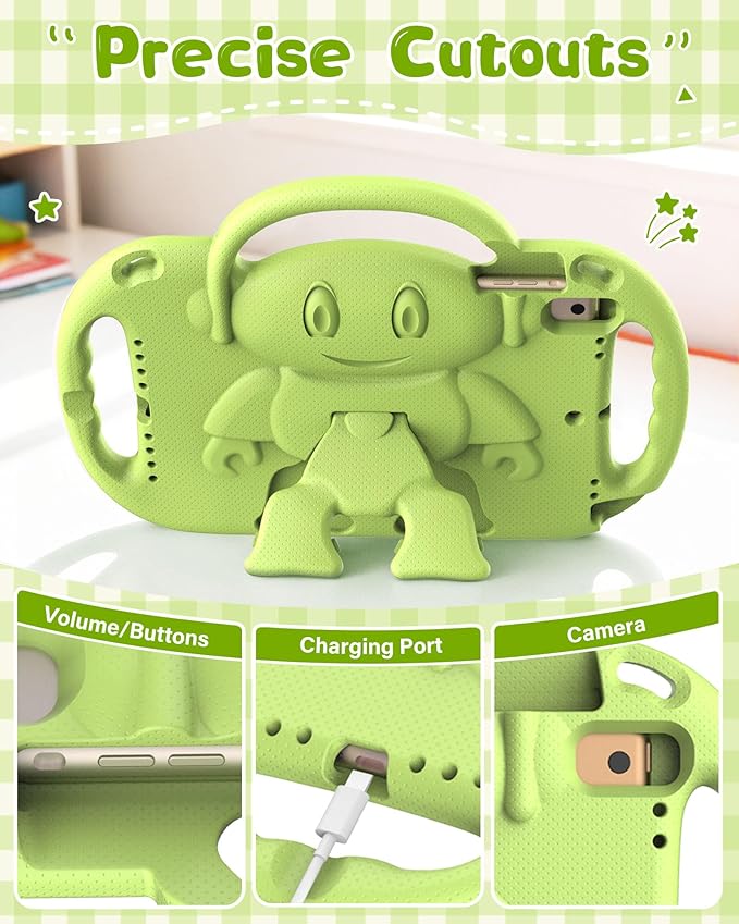 Kids Case for iPad 5th/6th Generation (9.7 inch, 2017/2018) & iPad Air 1/2 9.7" & Pro 9.7, Durable Shockproof Lightweight Kids Cover with Shoulder Strap/Handle/Kickstand, Light Green