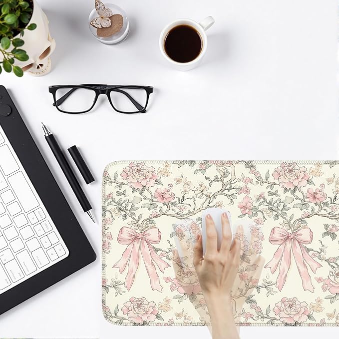 Floral Desk Mat Vintage Chinoiserie Large Mouse Pad Coquette Aesthetic Office Decor Flower Pink Bow Gaming Pad Cottagecore Desk Decor