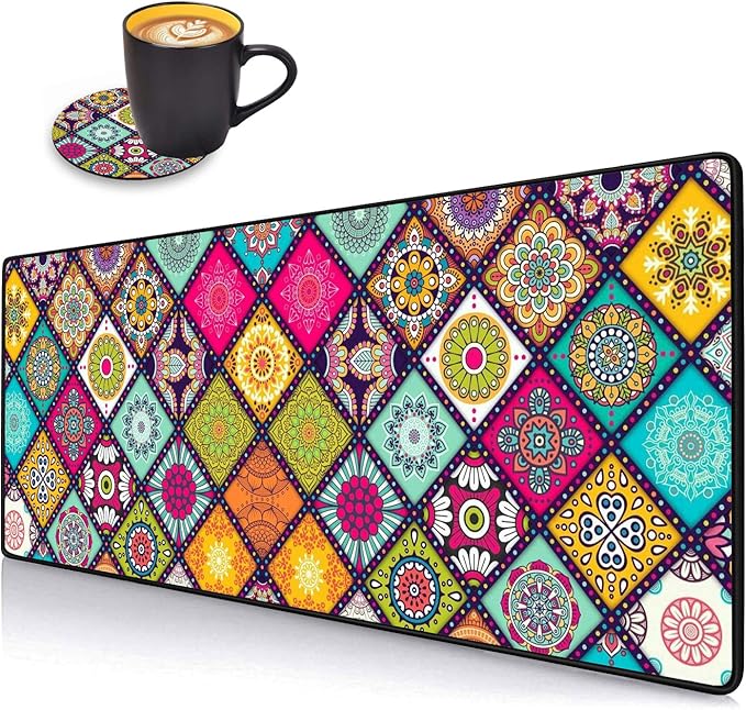 Desk Pad Mat Gaming Mouse Pads with Coasters Set, Stitched Edges Design Mouse Pad XXL Large Mouse Pad for Laptop Computers Flower Mandala Desk Writing Mat for Office & Home 31.5"x 11.8"