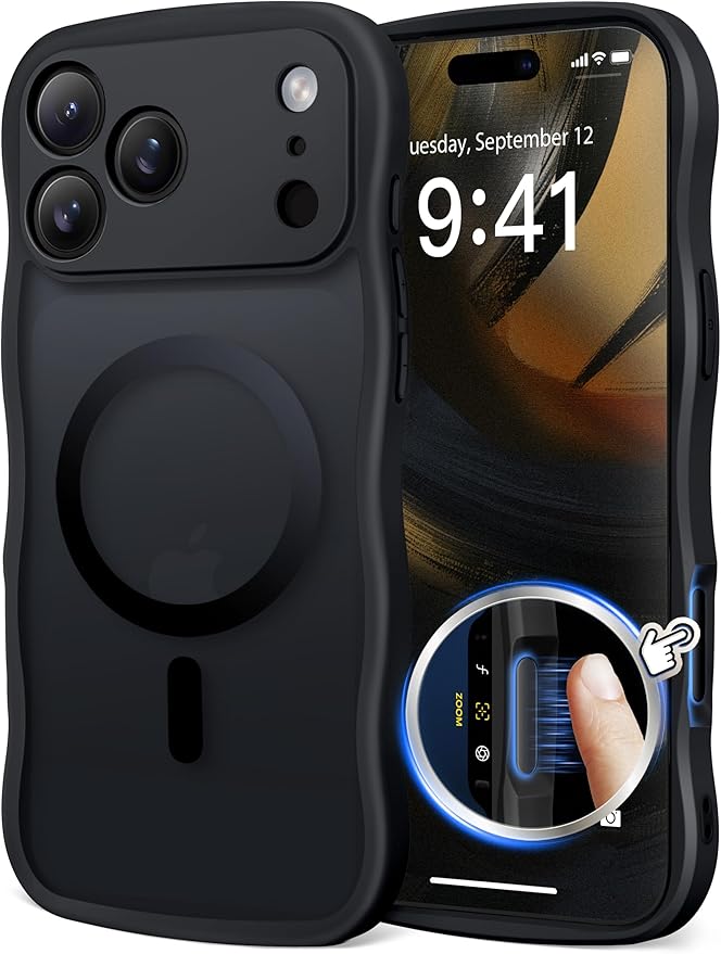CAPRARO Magnetic for iPhone 17 Pro Max Case for Women Girls, Upgraded [Full Camera Protection] [Compatible with MagSafe] Cute Wave Translucent Matte Phone Case for iPhone 17 Pro Max, Black