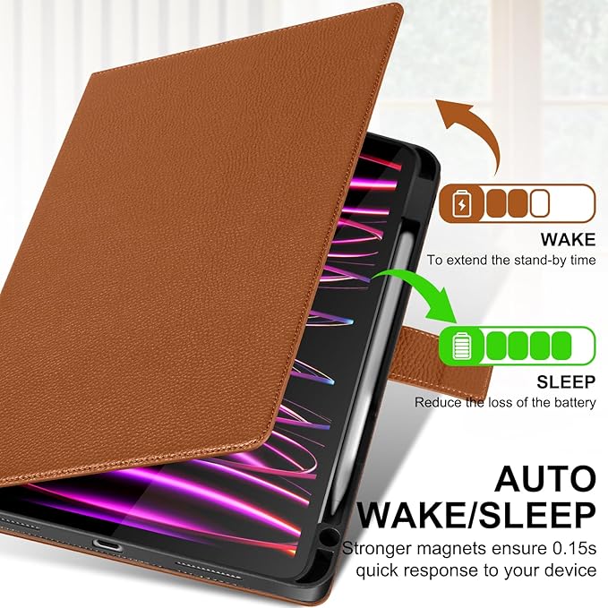 Genuine Leather Case for iPad Pro 11 Inch 4th/3rd/2nd/1st Generation 2022/2021/2020/2018 | with Pencil Holder and Adjustable Stand, Magnetic Closure, Auto Wake/Sleep Cover | Brown