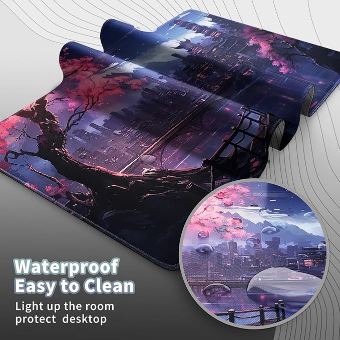 Gaming Mouse Pad, Keyboard Mouse Pad 31.5x15.7 inch XXL Large Computer Laptop Cool Desk Mat with Non-Slip Rubber Base and Stitched Edge for Home Office Work, Japanese Night View Cherry