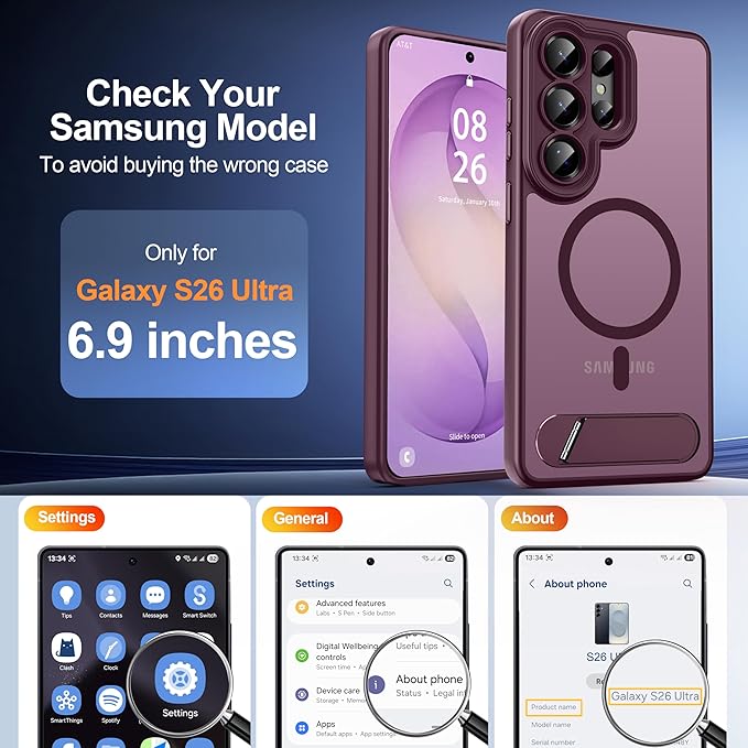 Magnetic for Samsung Galaxy S26 Ultra Case, [Compatible with MagSafe][Full Camera Protection][Built-in Invisible Kickstand] Translucent Matte Phone Case for S26 Ultra 6.9" - Wine Red