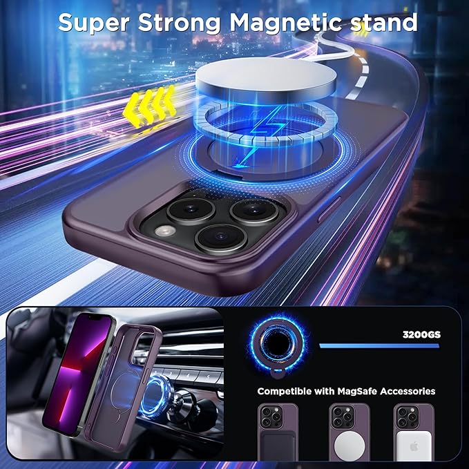 CACOE Magnetic Case for iPhone 13 Pro 6.1 inch with 360 Rotatable Ring Stand, Compatible with MagSafe Car Phone Mount, Cover Phone Holder for Desk Meeting/Videos（Dark Purple）