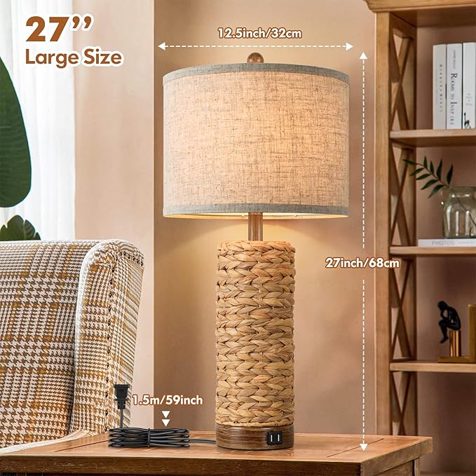 Rattan Table Lamp for Living Room with 2 USB Ports, 27In Tall Bedroom Table Lamp with Hand-made Seagrass Base, Rustic Farmhouse Large Bedside Nightstand Lamp for End Table, E26 Socket, Rotary Switch