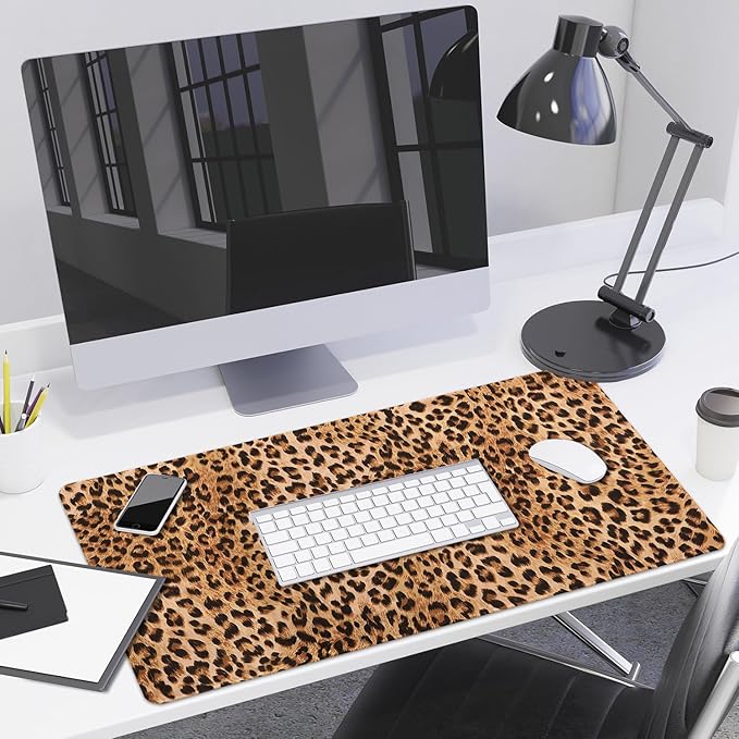 Lokigo Leopard Print Desk Pad, Brown Large Gaming Mouse Pad, Waterproof Rubber Base Mousepad for Desk with Stitched Edges DeskMatt for Laptop Gaming Office Work Study, 31.5"x15.7", Cheetah