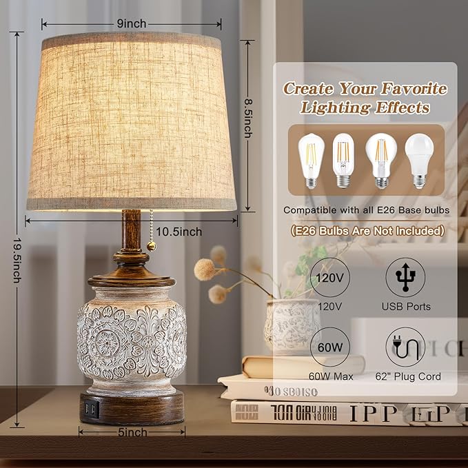 19.5" Farmhouse Bedside Table Lamps Set of 2 Rustic Lamps for Nightstand Bedroom with USB Ports Vintage Traditional White Carved Floral Night Light Lamps for Living Room End Tables Decor