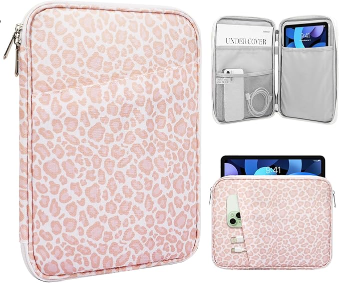 TiMOVO 9-11" Tablet Sleeve Bag for iPad 11-inch A16 2025, iPad 10.9"/10.2"| Air 11 Inch/5th/4th Gen. 10.9", Galaxy Tab A9+/A11Plus 11", Protective Bag with Pocket, Pink Leopard