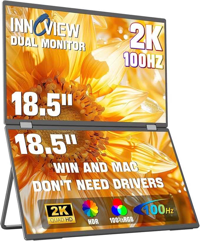 InnoView 18.5" Dual Portable Monitor 100Hz 2K 2560x1600P 100% sRGB Foldable & Stackable Design with 315° Screen Adjustment | DP/USB-C/HDMI, Second Monitor for Laptop, Mac, Windows