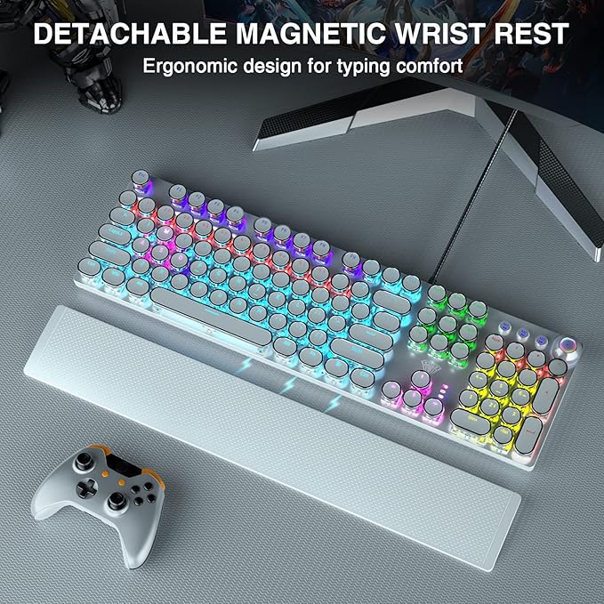 AULA F2088 Typewriter Mechanical Keyboard, White Retro Wired Gaming Keyboard with Blue Switches, Rainbow Backlit, Round Keycaps, Media Knob & Removable Wrist Rest