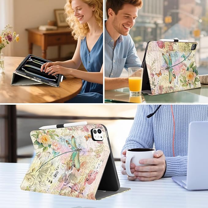 Vimorco for iPad Pro 13 Inch Case, for iPad Air 13 Inch Case, Fit for iPad Pro 12.9 Cases 6th/5th/4th/3rd Generation 5 Stand Angles/Typing Stand/Pencil Holder/Card Pockets, Dragonfly Flower