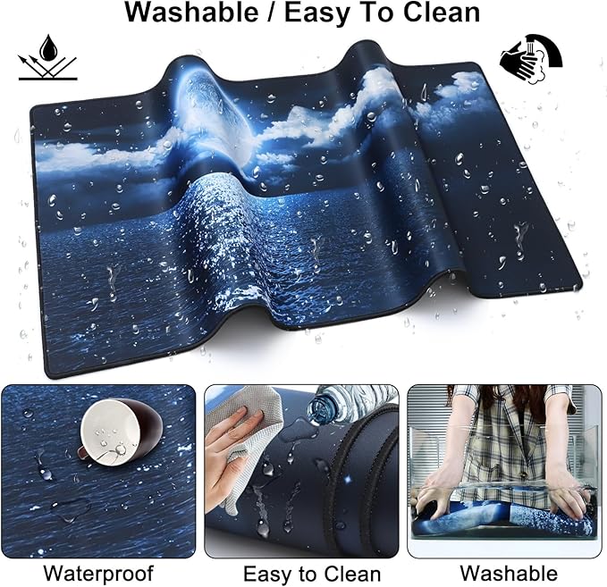 Mouse Pad + Desk Mat + Keyboard Wrist Rest + Coaster 4 in 1 Set, Cute Ergonomic Large Gaming Mousepad with Wrist Rest Support Desk Pad for Computer Laptop Office Home Decor-Moon Ocean