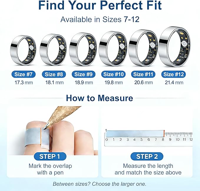 Smart Ring Health & Fitness Tracker for Men & Women, Heart Rate, SPO₂, Sleep & Activity Monitoring, IP68 Waterproof, Long Battery Life, Family Care Mode, No Subscription Fee (Silver, 12)