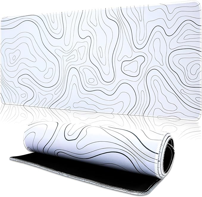 Mouse Pad Gaming Mousepad, 31.5 x 11.8in Large Desk Mat Keyboard Pads Extend Long XL Mouse Mat with Non-Slip Base Desk Accessories for Home Office Keyboard Mouse (White Topographic)