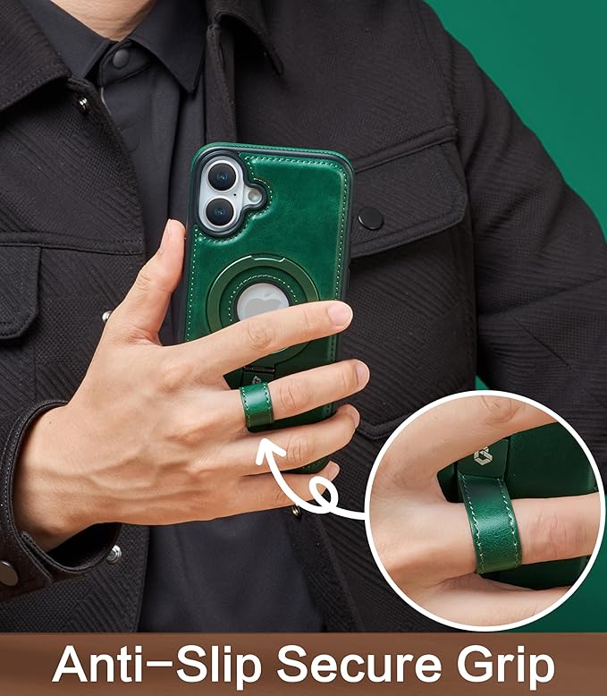 Butaiga for iPhone 16 Leather Case with Stand, Anti-Slip Grip Ring, Fits for MagSafe (Green, iPhone 16)