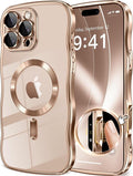 GVIEWIN for iPhone 16 Pro Case Compatible with MagSafe, Upgraded [Full Camera Protection][Cute Wave Frame][Military Grade Protection] Electroplated Soft Phone Cover for Women Girl, Clear/Rose Gold