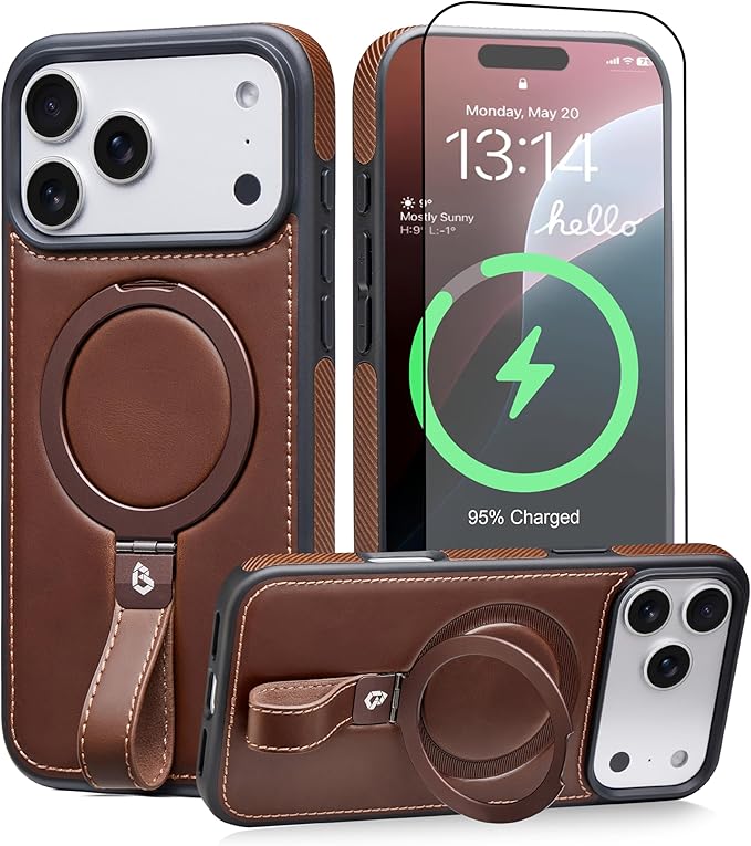 Butaiga for iPhone 17 Pro Max Leather Case with Stand, Anti-Slip Grip Ring, Fits for MagSafe (Cocoa, iPhone 17 Pro Max)