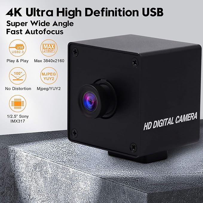 SVPRO 4K USB Camera Autofocus Video Camera UHD 3840x2160 with Metal Box for Pro Streaming/Online Course/Industrial Use,100 Degree Non-Distortion Wide Angle PC Computer Camera for PC Laptop