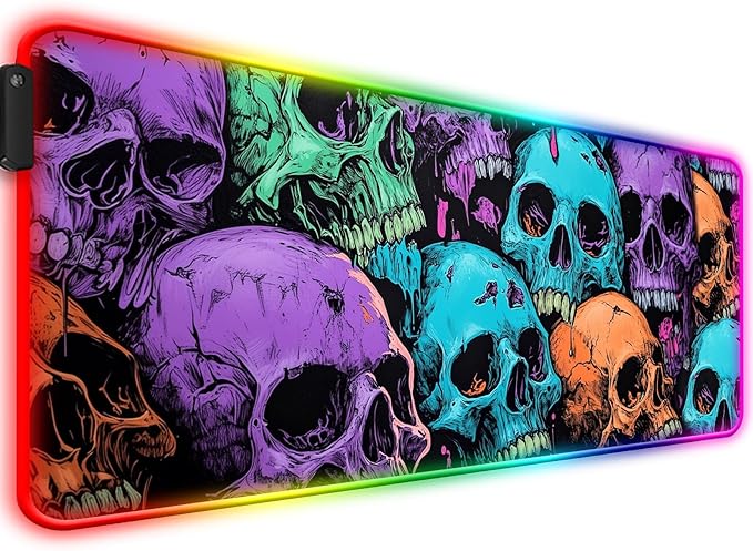 RGB Scary Skull Gaming Desk Mat, Computer Keyboard Large Extended Cool Multi-Color Skull LED Mouse Pad for Office and Home, 31.5×11.8 Inches, XL