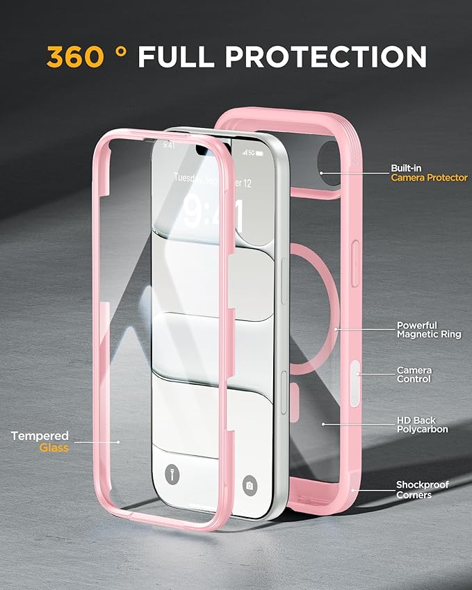 Miracase Magnetic for iPhone Air Case 6.5" [Compatible with MagSafe] Full-Body Phone Case with Built-in Glass Screen Protector & Camera Control,Drop Proof iPhone 17 Air Case Cover, Pink