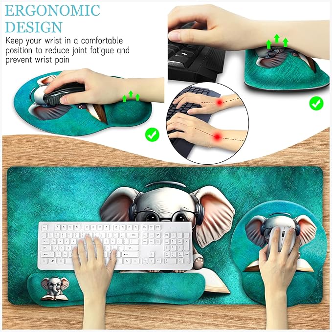 LIMKRIAN Desk Mat Pad, Large Gaming Mouse Pad with Wrist Rest Wrist Support, Ergonomic Mouse Pad Keyboard Mat Wrist Rest, Cup Coaster, Home Office Desk Accessories Decor Supplies, Cute Elephant