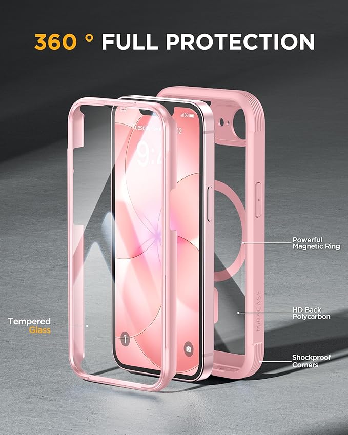Miracase for iPhone 17e Case & iPhone 16e Case, Full-Body Phone with Built-in Glass Screen Protector, [Magnetic with MagSafe] Military Drop Proof 17 E/ 16 E Cover Bumper 6.1 inch, Pink
