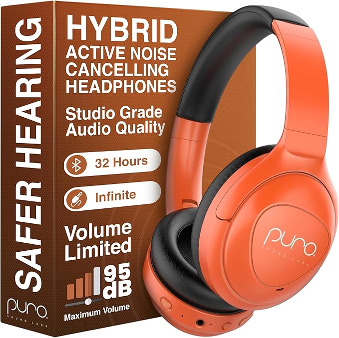 Puro Sound Labs PuroPro Universal Hybrid Active Noise Cancelling Headphones, Volume Limiting, Hi-Res Audio, 32h Playtime, Pc Wireless Headset with Mic, Over Ear Headphone for Travel & Work – Orange
